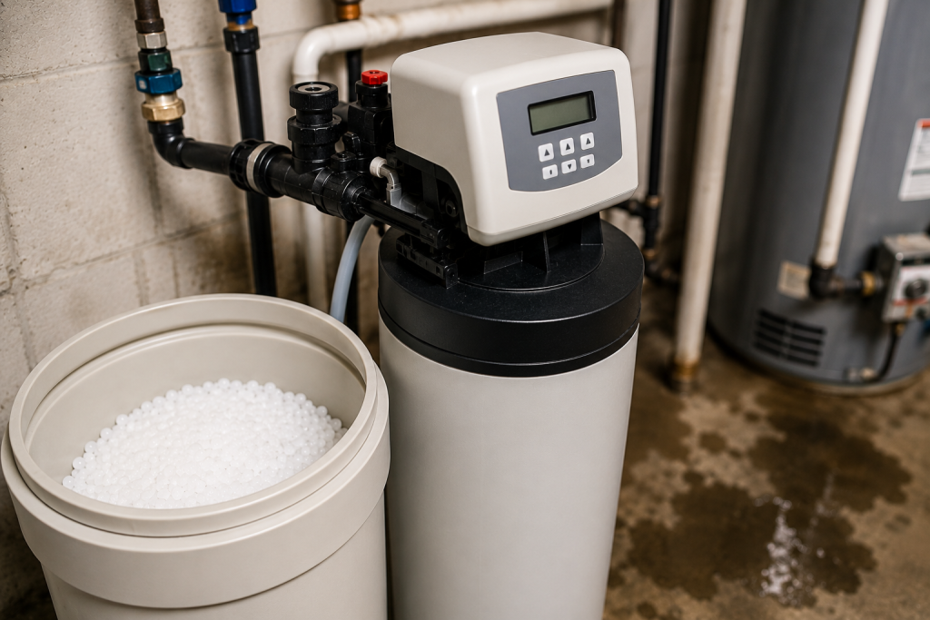 Water softener system with an open salt brine tank and visible water leak on a utility room floor, illustrating signs a water softener may need repair.