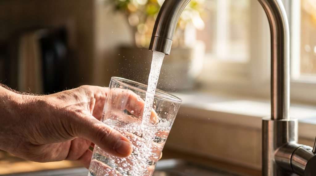 A man filling a glass with tap water from a modern kitchen sink