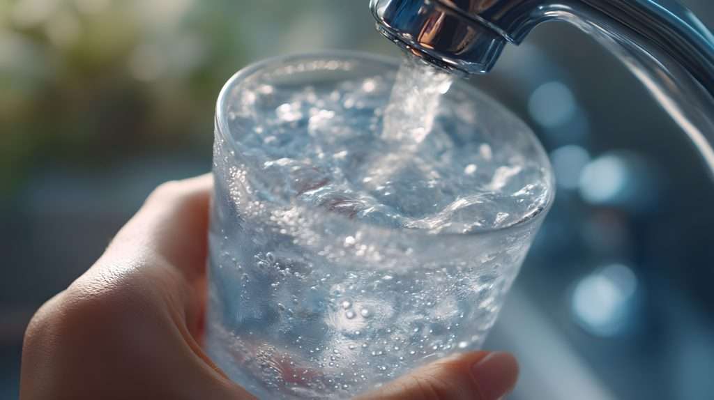 Close-up of hand pouring sparkling water into a clear glass from a faucet in a bright kitchen, showcasing freshness and hydration.
