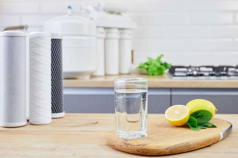 A glass of water resting on a cutting board between three RO filters and a cut lemon with an RO system in the background.